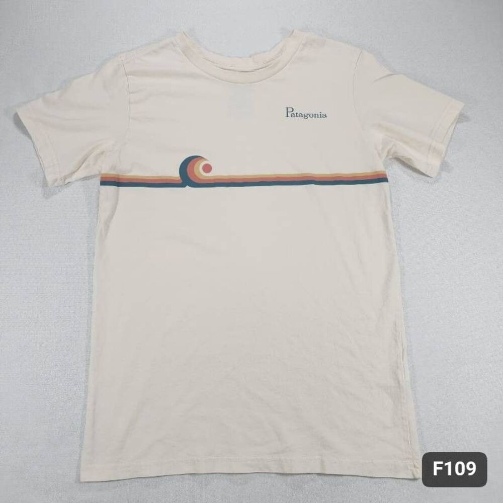 Patagonia Kids Retro Wave Stripe Graphic Tee Cream Organic Cotton Size XL 14